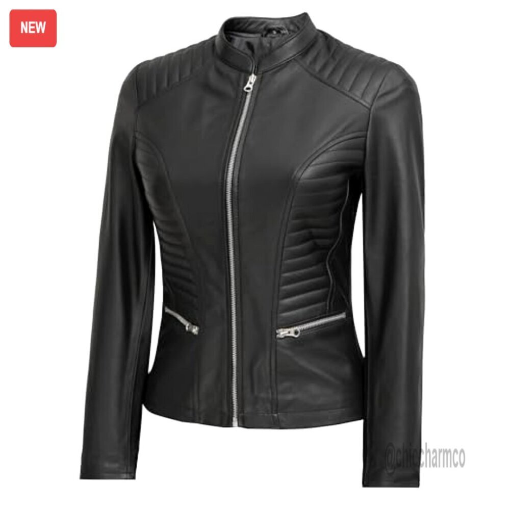 Lambskin Leather Jacket Cafe Racer Style Distressed Quilted Design Women's - Picture 4 of 6